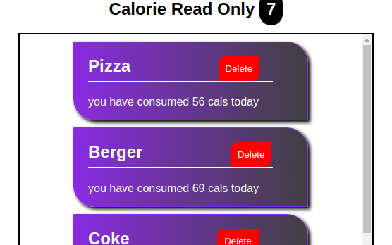 Calorie Card with delete feature